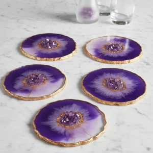 Gilded Amethyst Geode Resin Coaster Set